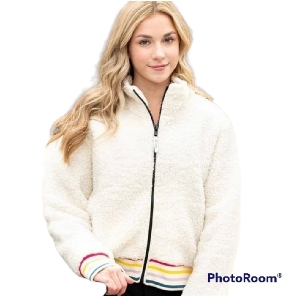 Ivory‎ Ella Bomber Jacket Sherpa Fleece Striped Cuffs Zip Up Cream Womens Small
